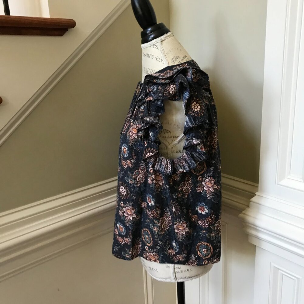 Ulla Johnson Elisa Top Shirt Blouse Womens 10 Navy Blue Flutter Sleeve Floral - Picture 9 of 12